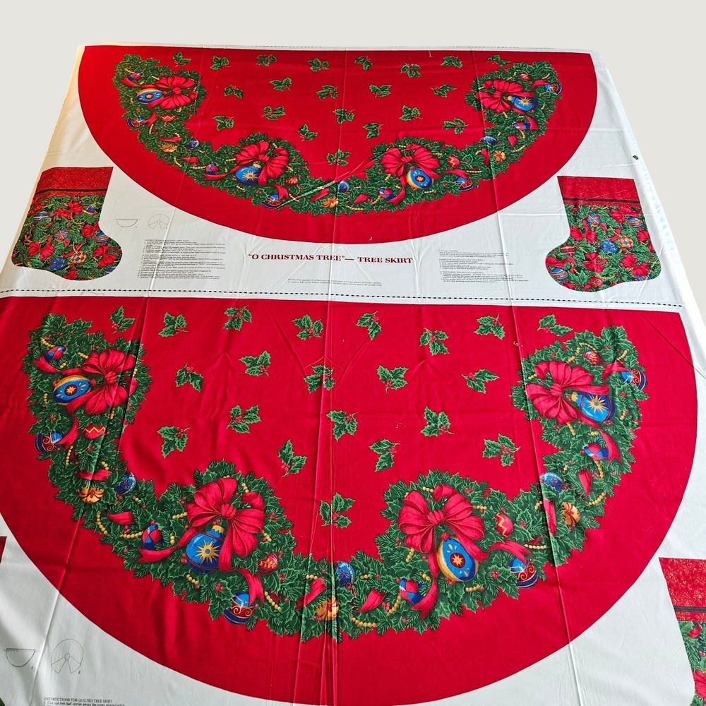 Vintage Cranston Print Works O Christmas Tree Skirt & Stocking Fabric Panel Red